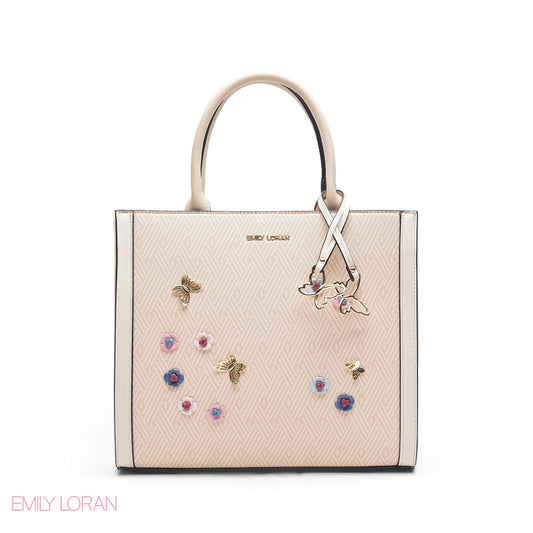 PEACH SQUARE TOTE WITH FLORAL APPLIQUÉS - LARGE