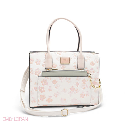 WHITE FLORAL TOTE WITH GREEN POUCH - LARGE