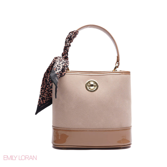 ELEGANT PATENT SUEDE BUCKET BAG WITH LEOPARD SCARF - SMALL