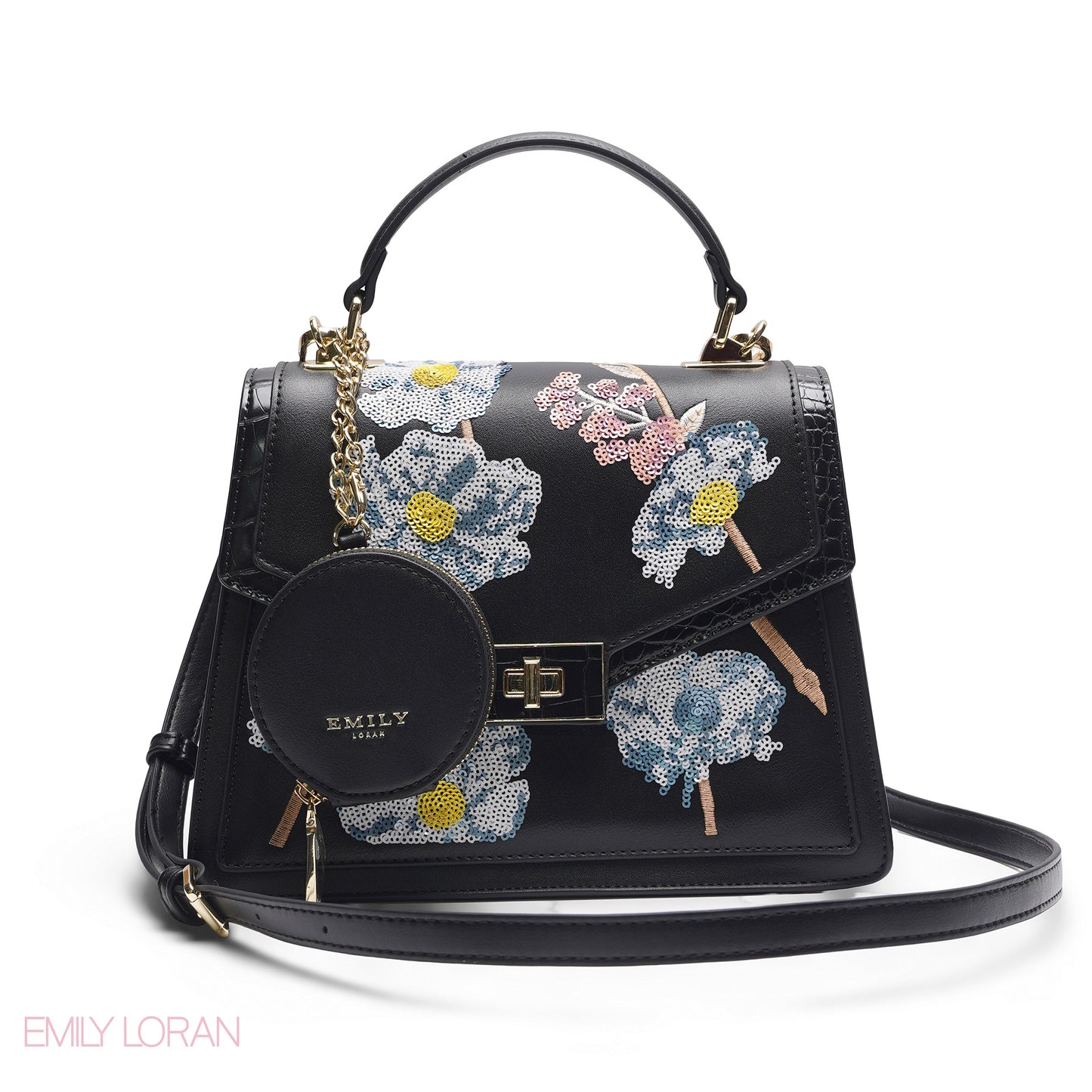 BLACK SEQUIN FLORAL SATCHEL WITH ROUND POUCH