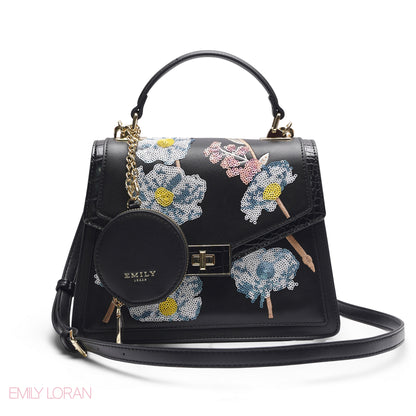 BLACK SEQUIN FLORAL SATCHEL WITH ROUND POUCH
