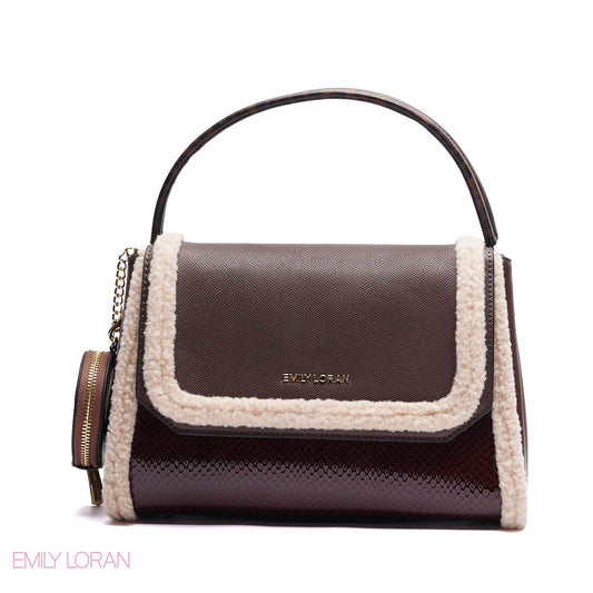 ELEGANT SHERPA TRIM TOP HANDLE BAG WITH CROSSBODY STRAP - MEDIUM