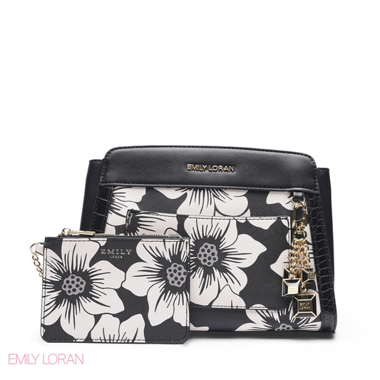 BLACK WHITE FLORAL SCARF BAG - MED