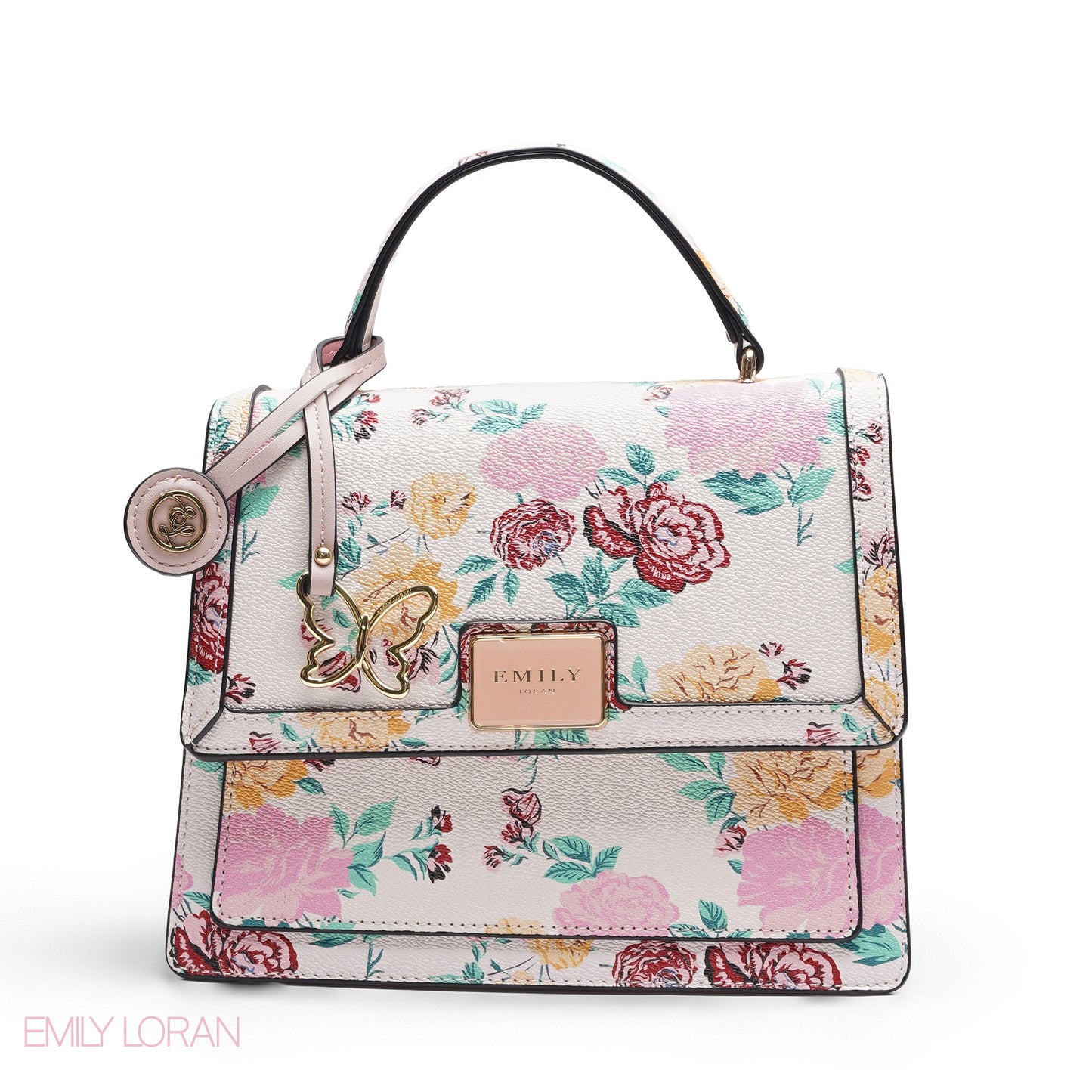 EMILY WHITE FLORAL SATCHEL BAG WITH BUTTERFLY CHARM - MED
