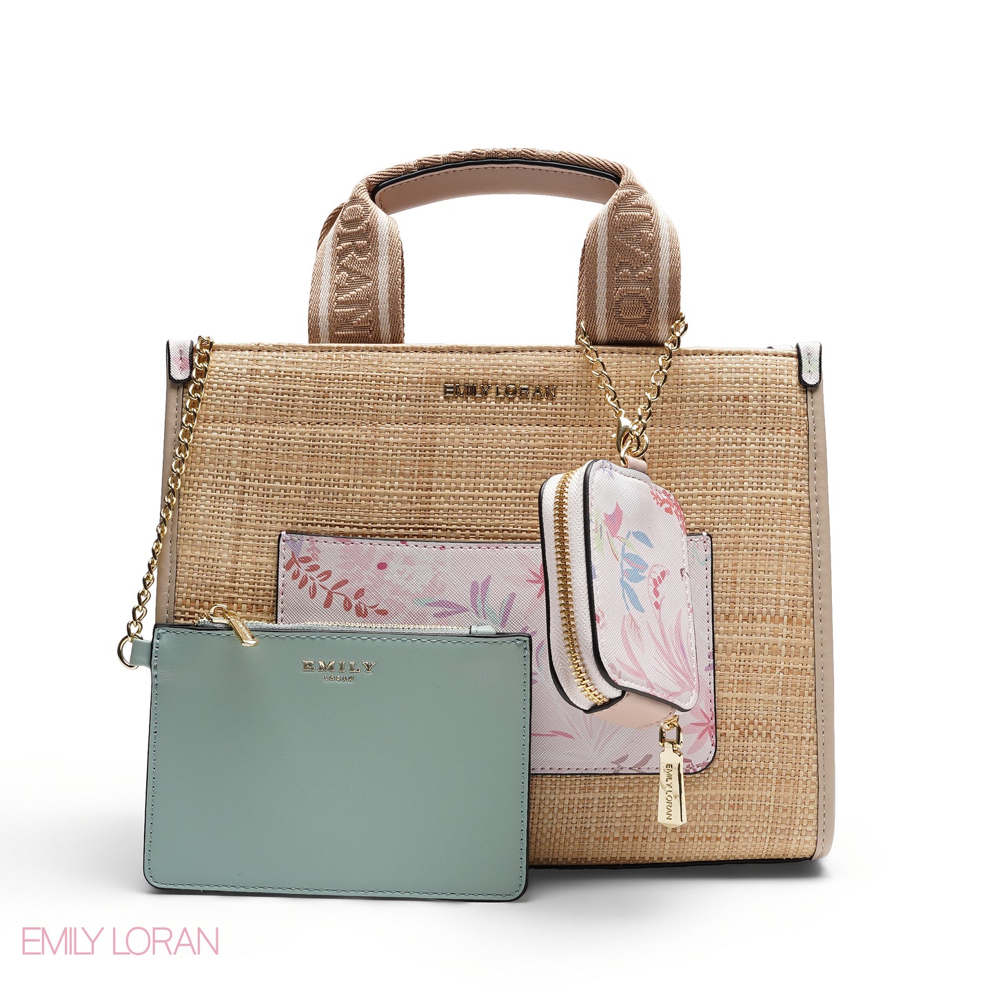 STRUCTURED BAG WITH BRANDED HANDLES AND FLORAL POUCH