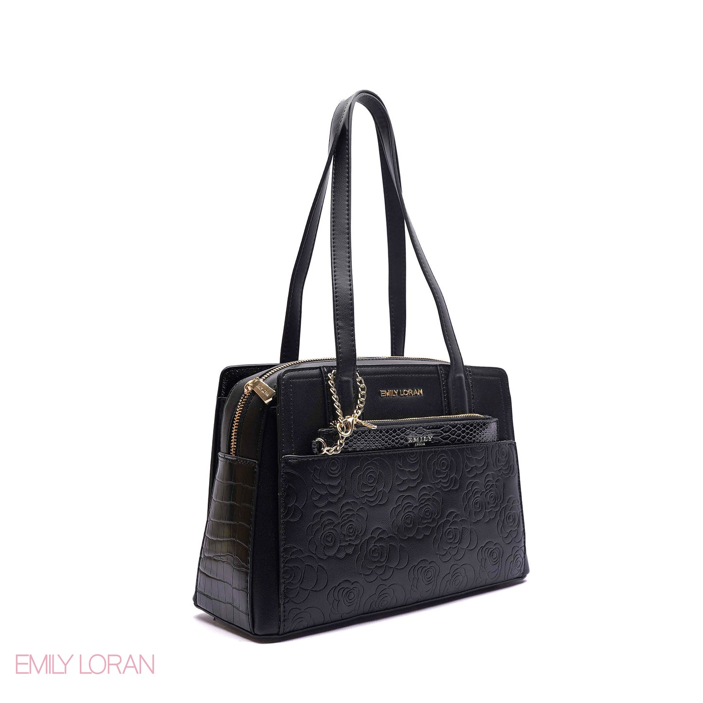 EMBOSSED FLORAL HANDBAG WITH SNAKESKIN POUCH