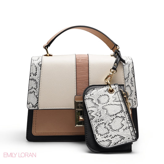 CHIC STRIPED SATCHEL WITH SNAKESKIN PRINT POUCH BAG