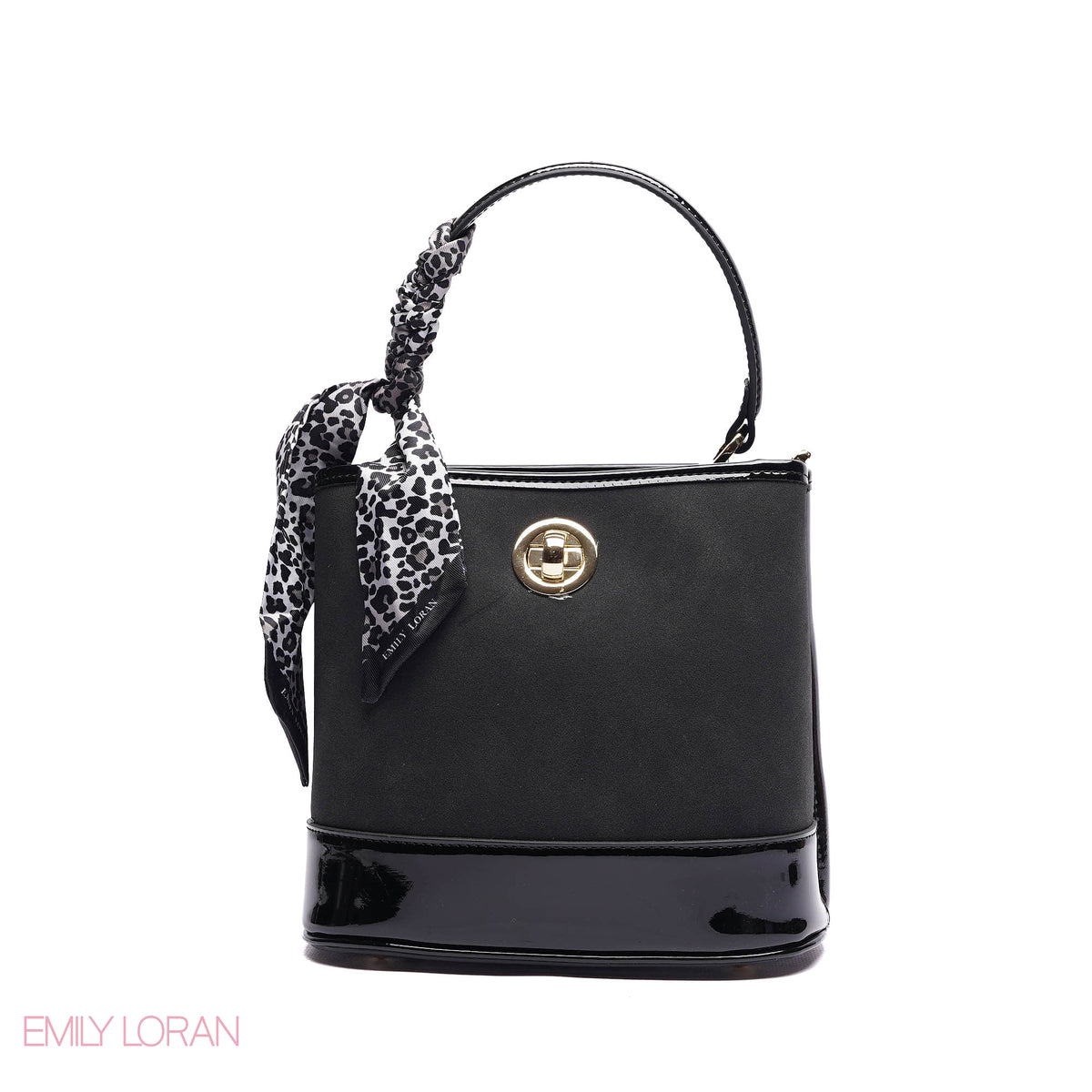 ELEGANT PATENT SUEDE BUCKET BAG WITH LEOPARD SCARF - SMALL