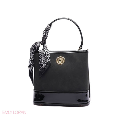 ELEGANT PATENT SUEDE BUCKET BAG WITH LEOPARD SCARF - SMALL