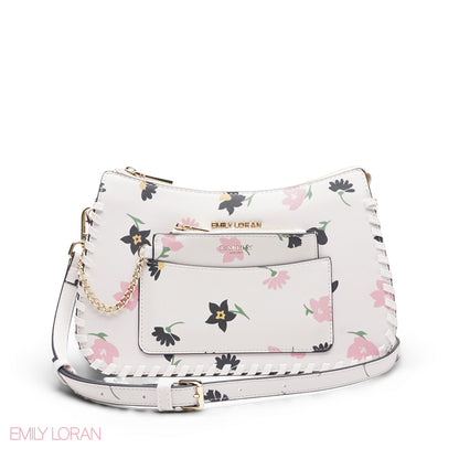 WHITE FLORAL BAG WITH HAND STRAP - MED