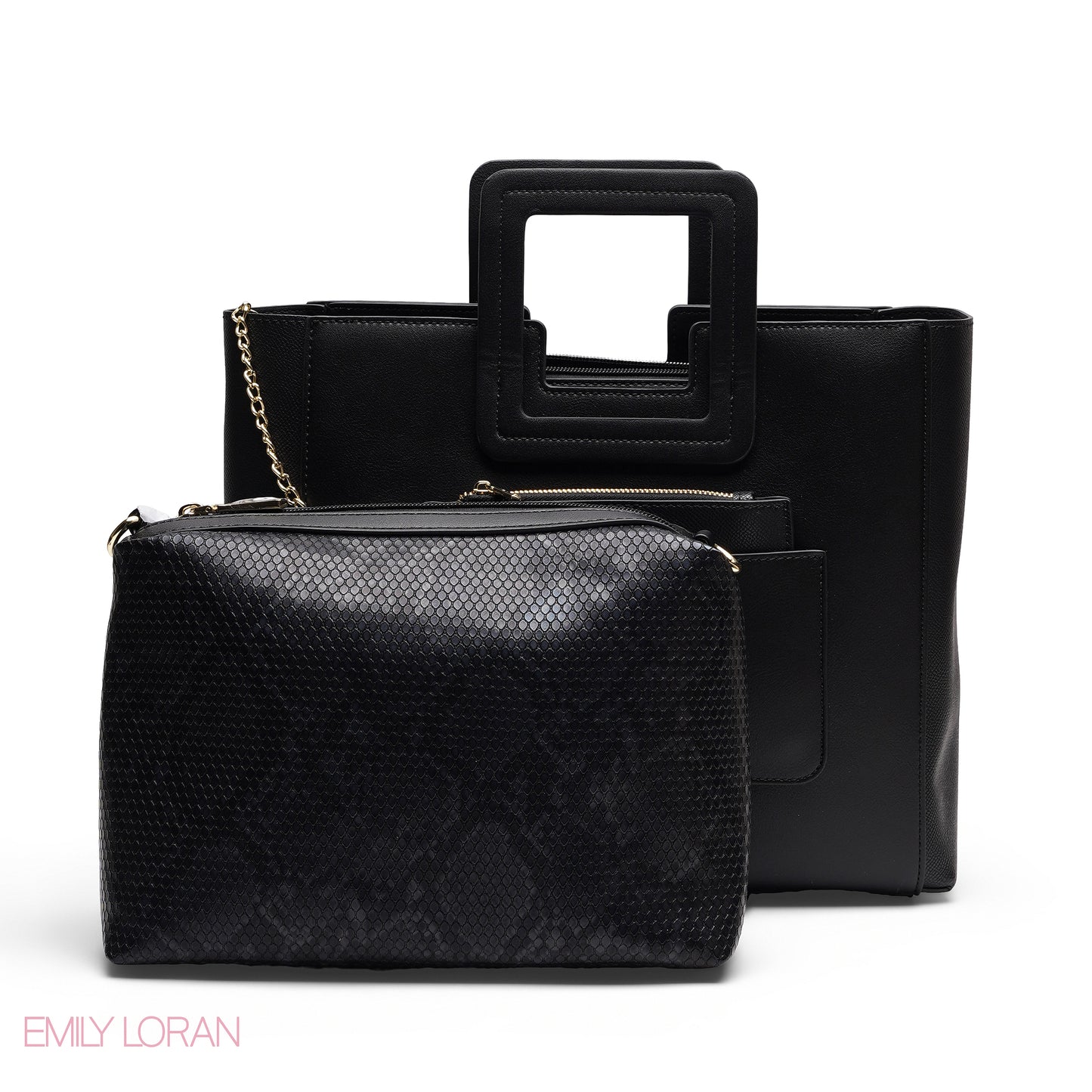 BLACK TEXTURED LEATHER TOTE AND POUCH BAG