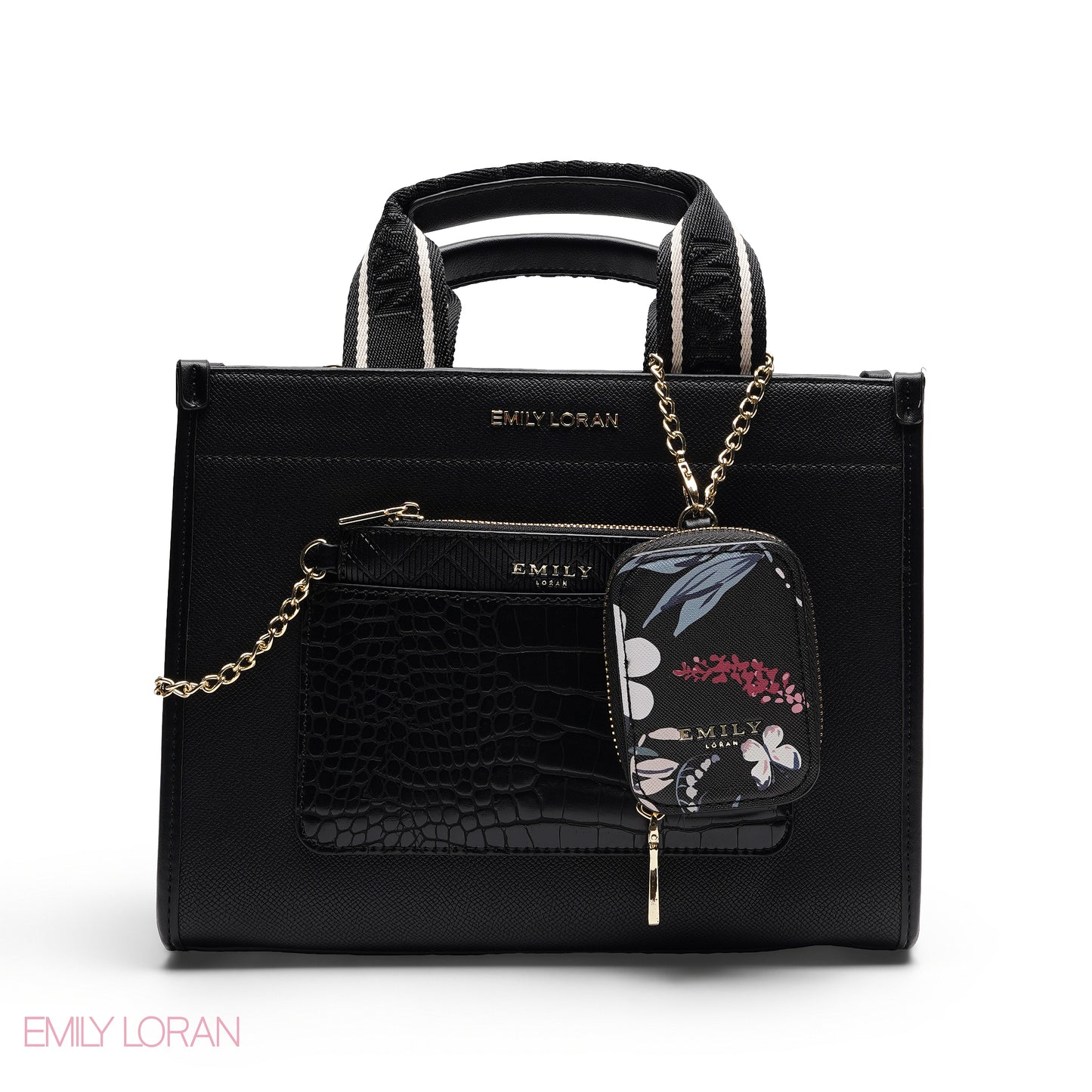 STRUCTURED BAG WITH BRANDED HANDLES AND FLORAL POUCH