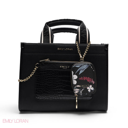 STRUCTURED BAG WITH BRANDED HANDLES AND FLORAL POUCH