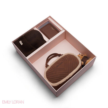 ELEGANT QUILTED HEART BAG SET WITH WALLET AND BEANIE