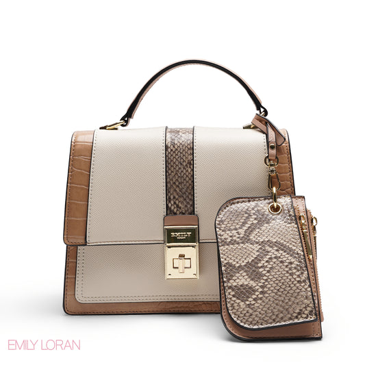 CHIC STRIPED SATCHEL WITH SNAKE PRINT POUCH BAG