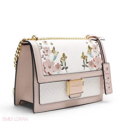 EMILY 3D FLORAL APPLIQUÉ CROSSBODY BAG - WHITE & BABY PINK