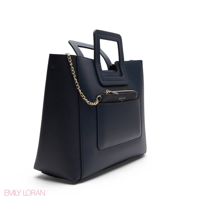 NAVY TEXTURED LEATHER TOTE AND STRIPED POUCH BAG