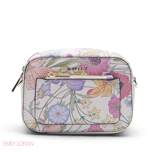 MINI WHITE FLORAL BAG WITH GOLD CHAIN