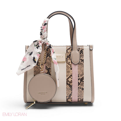 BEIGE FLORAL TOTE WITH PINK DETAILS - SMALL