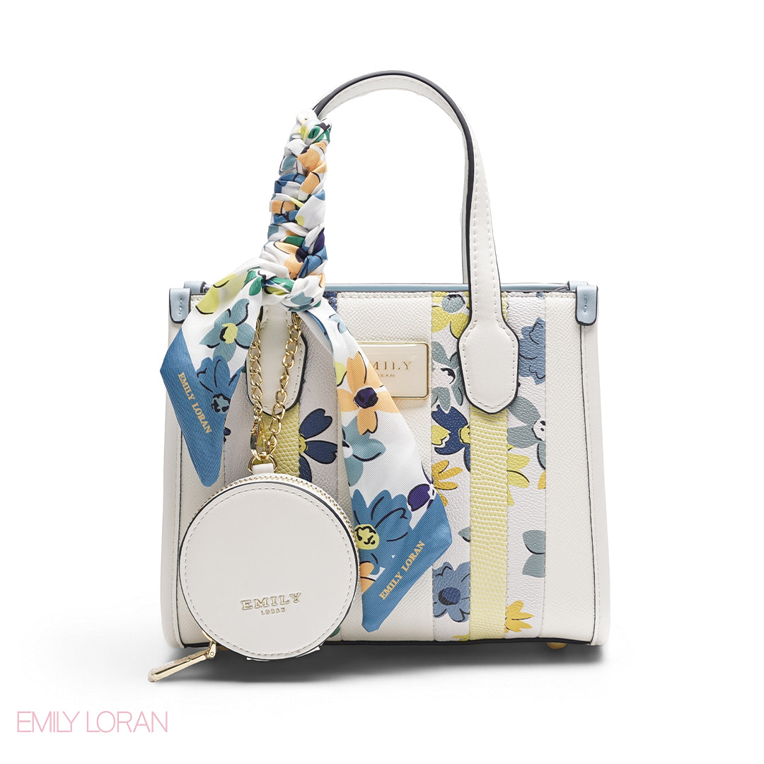 WHITE FLORAL TOTE WITH BLUE & YELLOW ACCENTS - SMALL