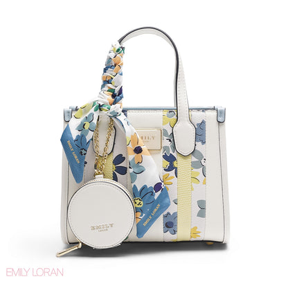 WHITE FLORAL TOTE WITH BLUE & YELLOW ACCENTS - SMALL