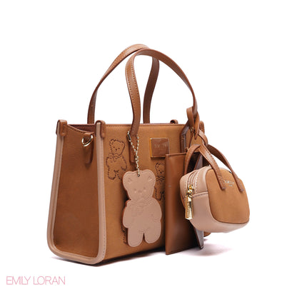 TEDDY BEAR HANDBAG CLOTH WITH SMALL POUCH , MINI WALLET AND TEDDY CHARM - SMALL