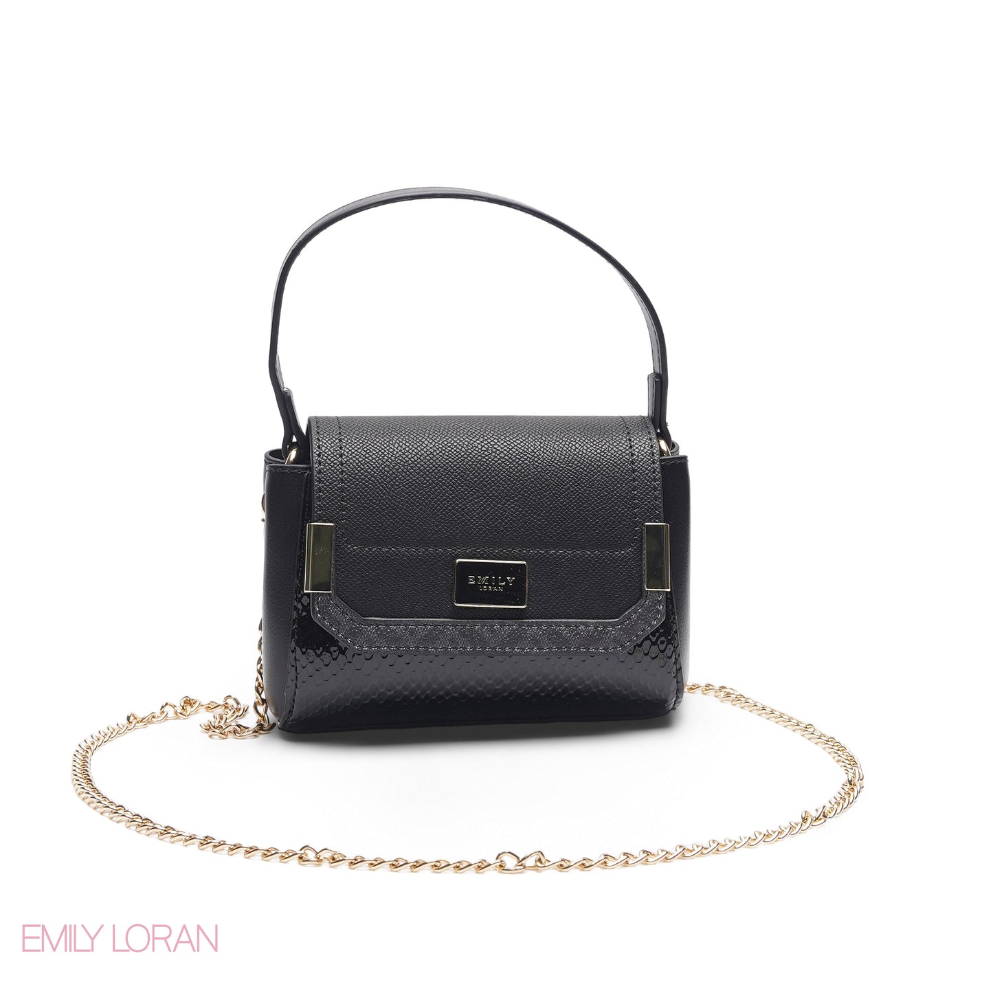 MINI BLACK SOLID FLAP BAG WITH GOLD METAL STRAP