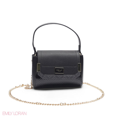 MINI BLACK SOLID FLAP BAG WITH GOLD METAL STRAP