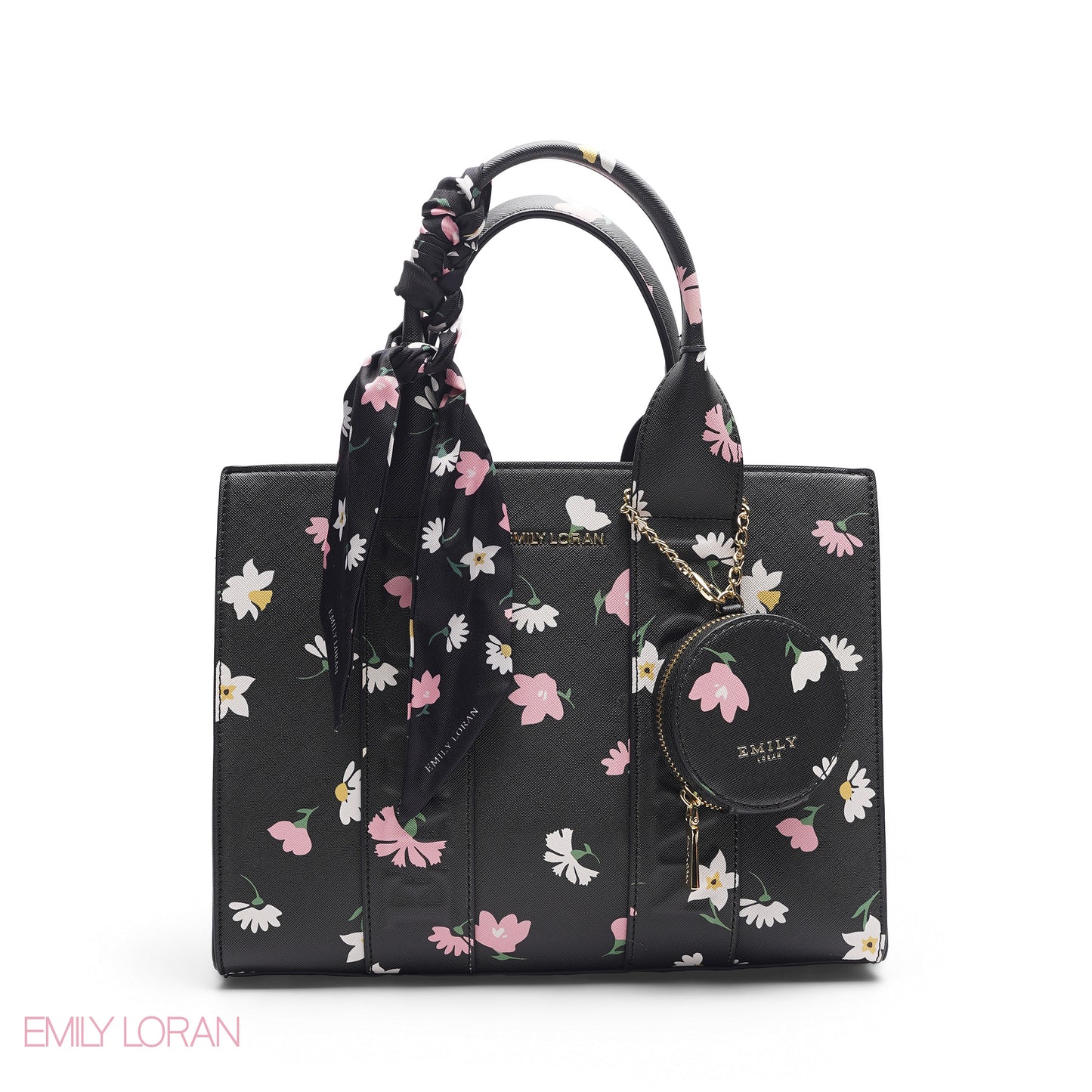 FLORAL PRINT SCARF BLACK TOTE BAG - LARGE