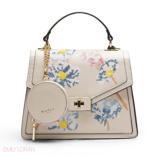 BEIGE SEQUIN FLORAL SATCHEL WITH ROUND POUCH