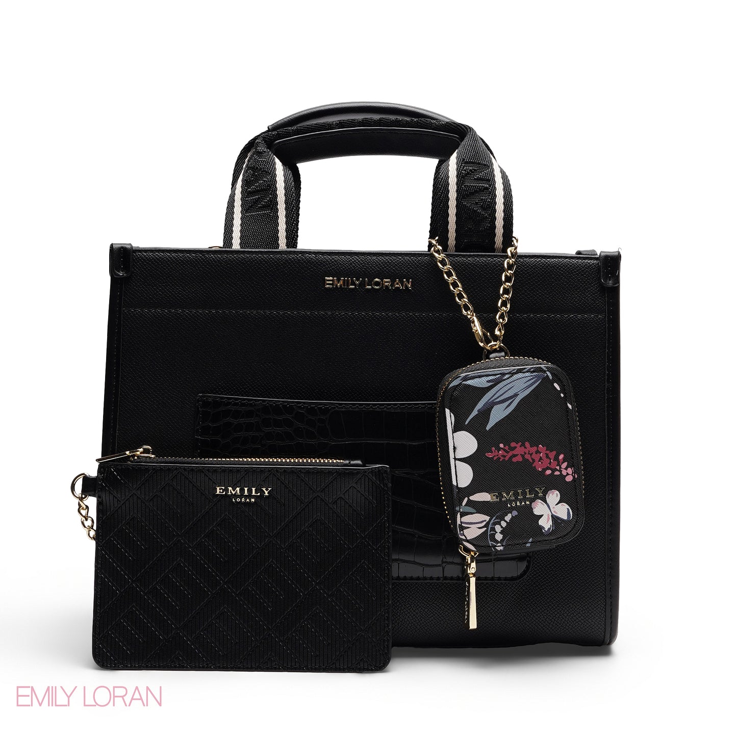 STRUCTURED BAG WITH BRANDED HANDLES AND FLORAL POUCH