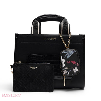 STRUCTURED BAG WITH BRANDED HANDLES AND FLORAL POUCH