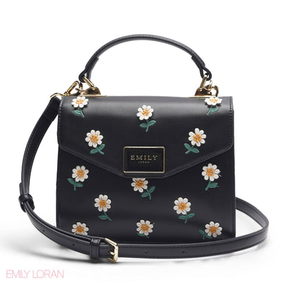 BLACK DAISY EMBROIDERED SATCHEL BAG