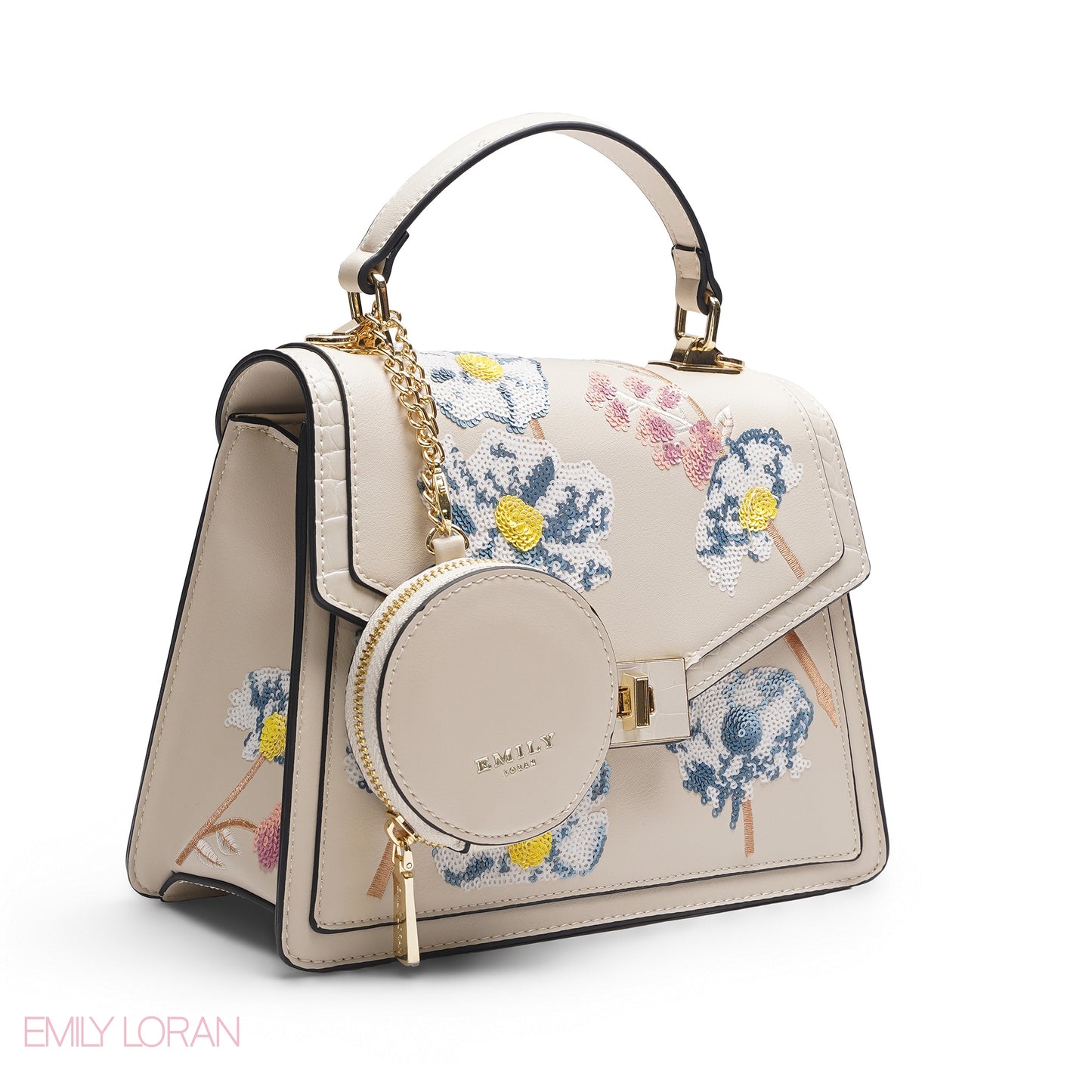 BEIGE SEQUIN FLORAL SATCHEL WITH ROUND POUCH
