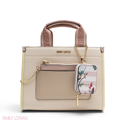 STRUCTURED BAG WITH BRANDED HANDLES AND FLORAL POUCH