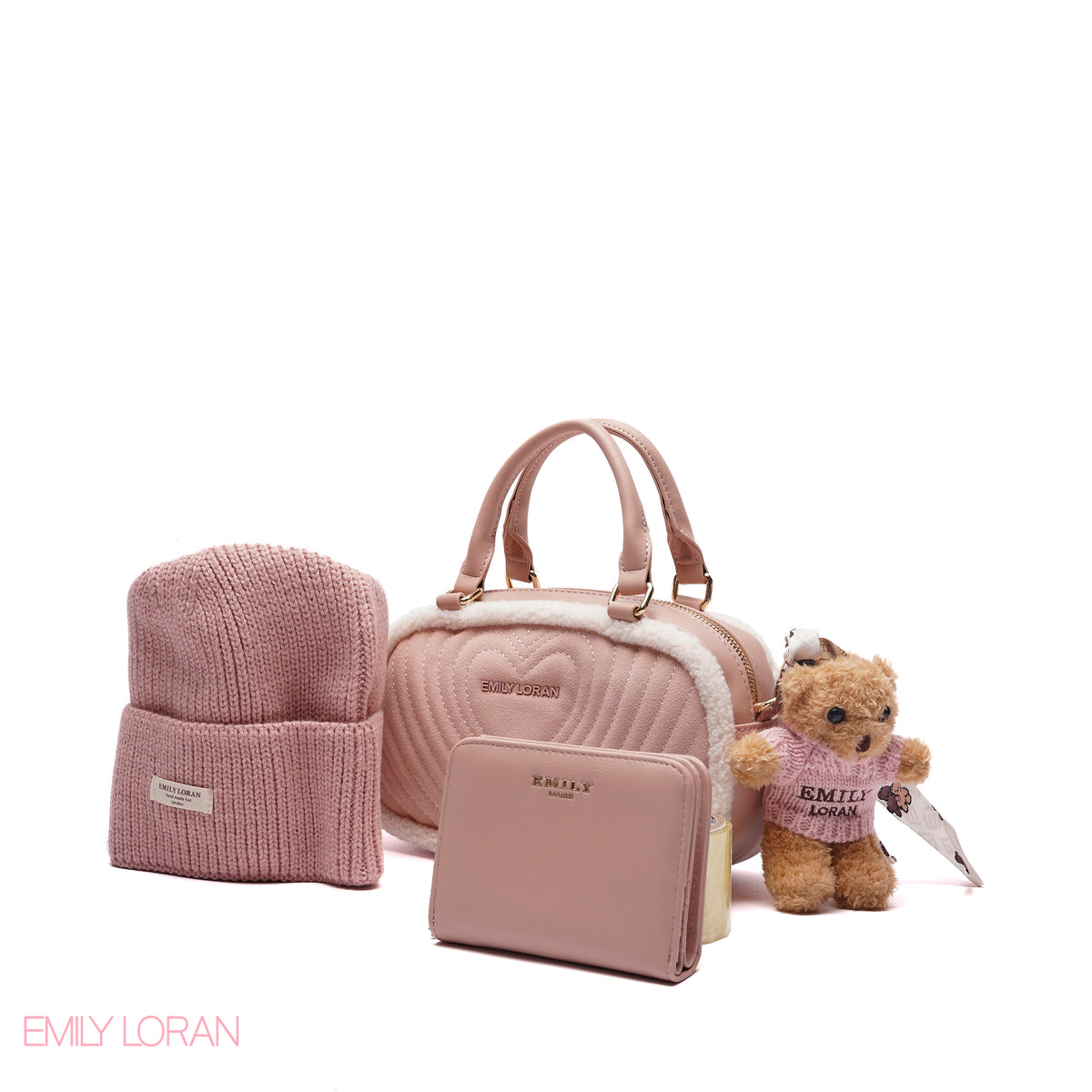 ELEGANT QUILTED HEART BAG SET WITH WALLET AND BEANIE