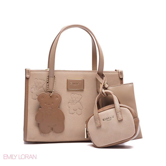 TEDDY BEAR HANDBAG CLOTH WITH SMALL POUCH , MINI WALLET AND TEDDY CHARM - SMALL