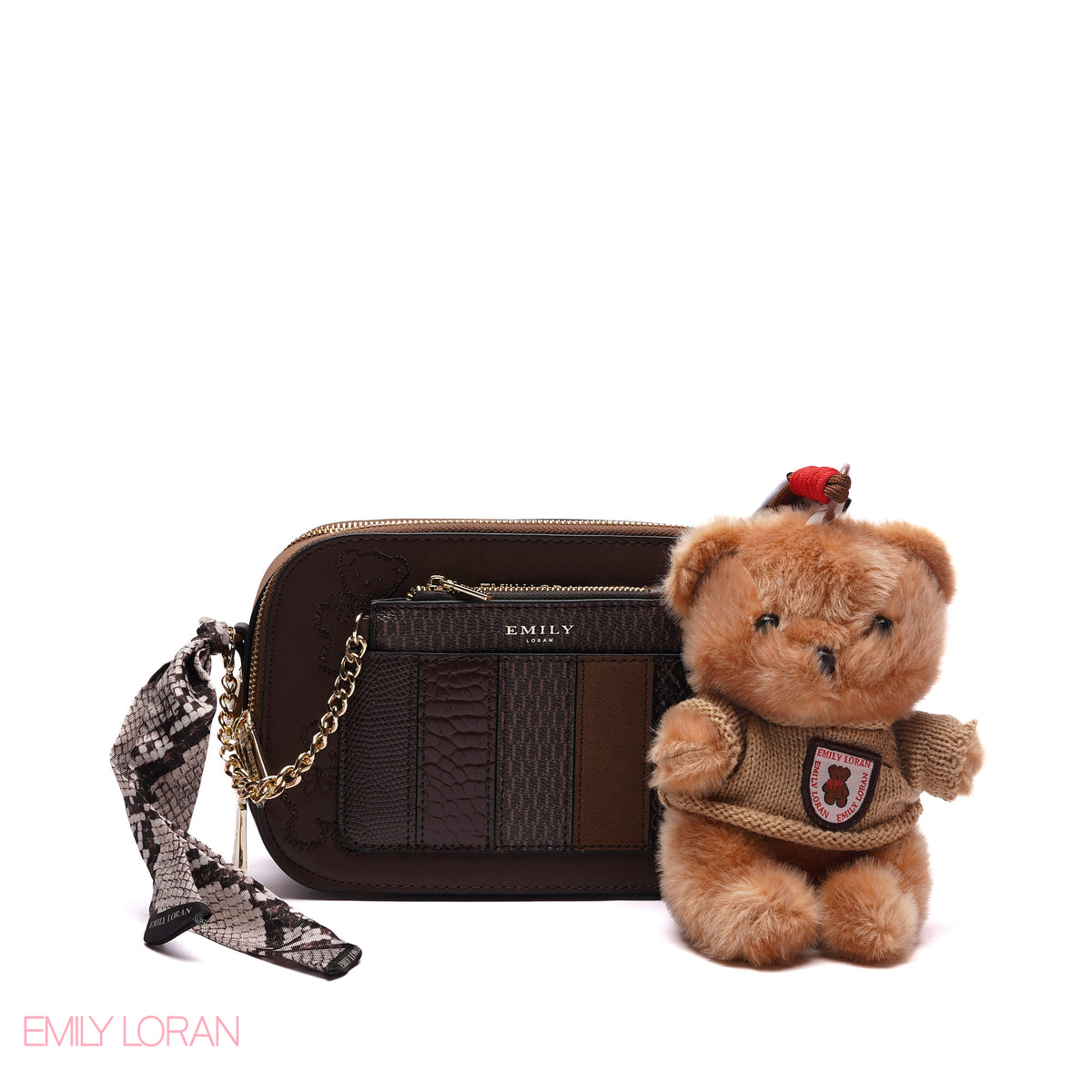 STYLISH PATCHWORK CAMERA BAG SET WITH PLUSH TEDDY CHARM
