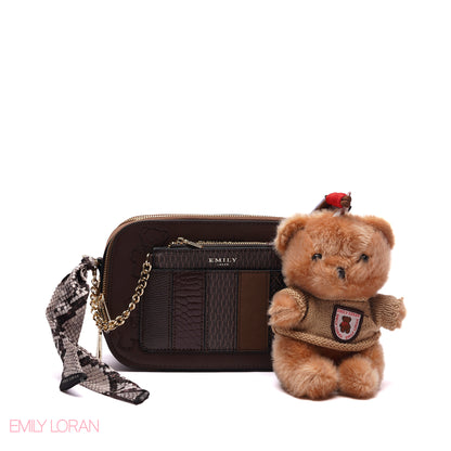 STYLISH PATCHWORK CAMERA BAG SET WITH PLUSH TEDDY CHARM