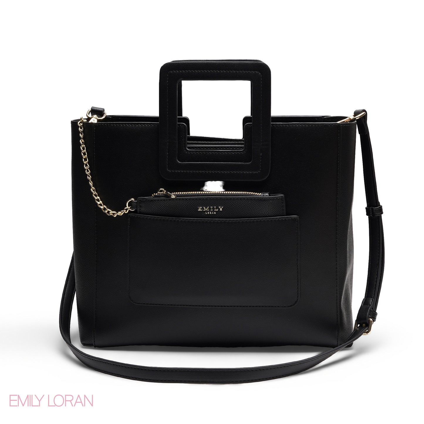 BLACK TEXTURED LEATHER TOTE AND POUCH BAG