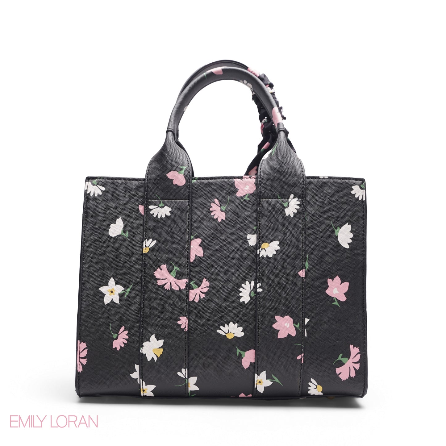 FLORAL PRINT SCARF BLACK TOTE BAG - LARGE