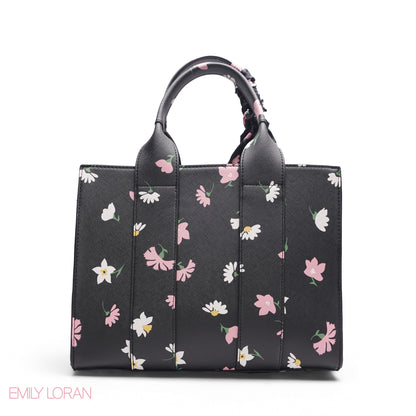 FLORAL PRINT SCARF BLACK TOTE BAG - LARGE