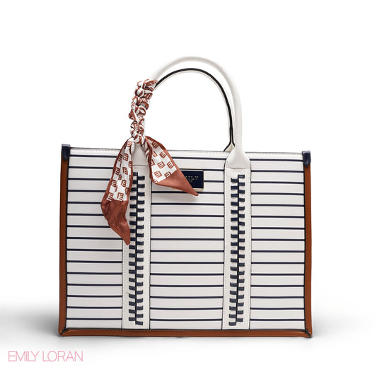 STRIPED CANVAS TOTE BAG WITH SCARF AND POCKET