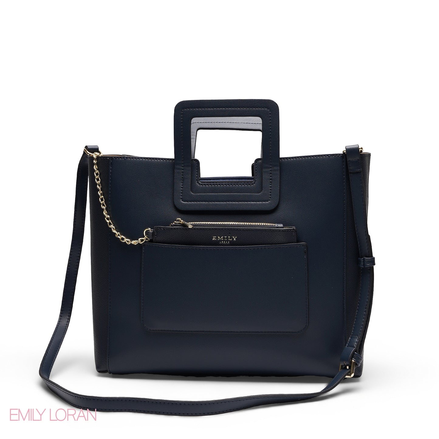 NAVY TEXTURED LEATHER TOTE AND STRIPED POUCH BAG