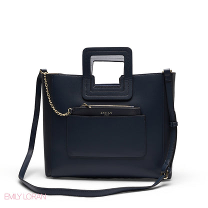 NAVY TEXTURED LEATHER TOTE AND STRIPED POUCH BAG