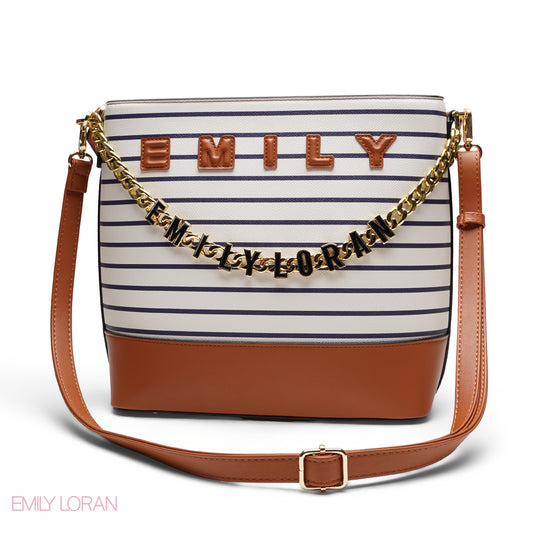 NAVY STRIPED TOTE WITH GOLD CHAIN & STRAP - LARGE