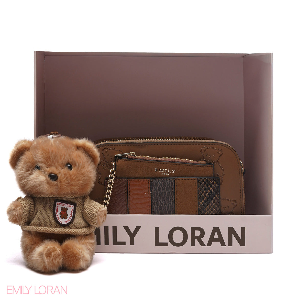 STYLISH PATCHWORK CAMERA BAG SET WITH PLUSH TEDDY CHARM