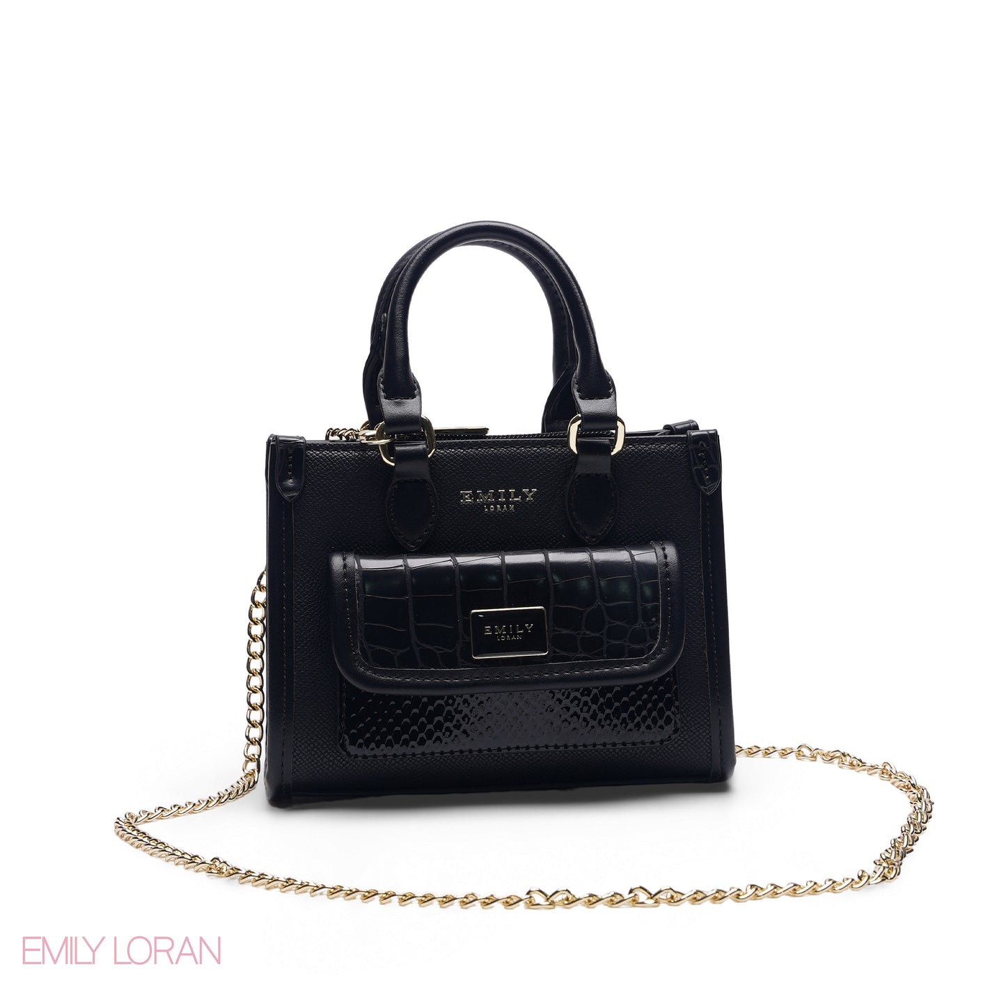 MINI BLACK SOLID BAG WITH GOLD METAL STRAP