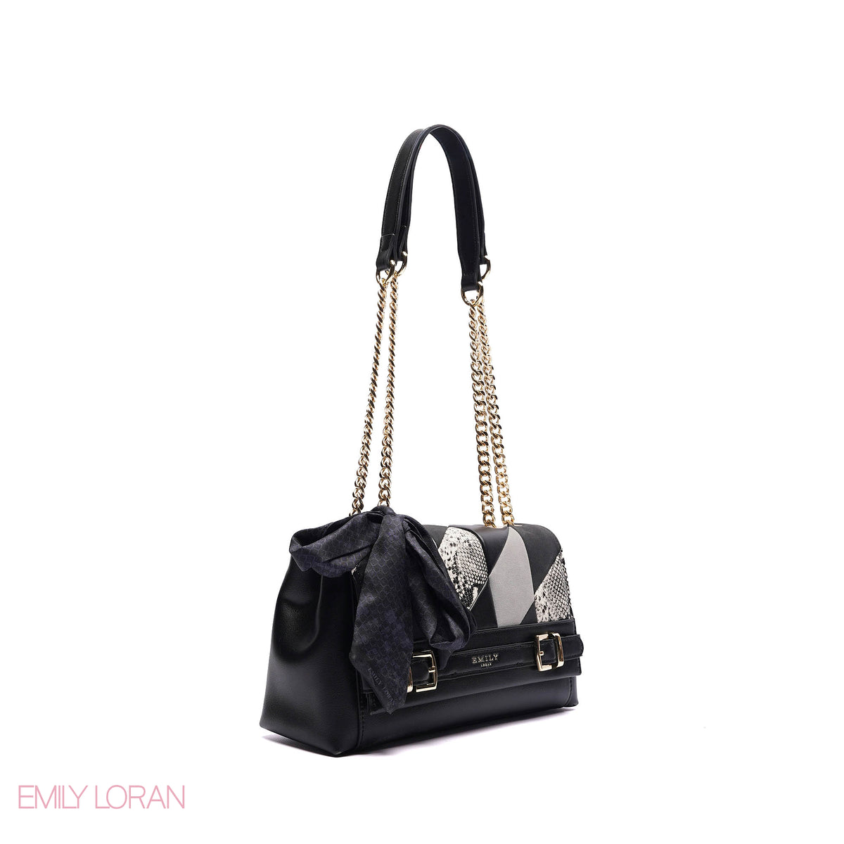 ELEGANT LEATHER SHOULDER BAG  WITH SCARF CHAIN STRAP - SMALL
