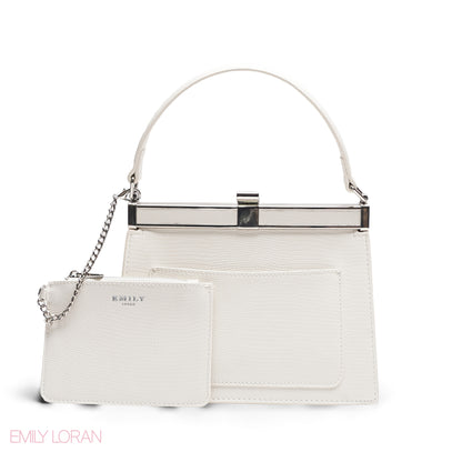EMILY SOLID WHITE TEXTURED FRAME BAG WITH MINI POUCH - MED